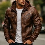 Men’s Retro PU Leather Bomber Jacket with Detachable Hood Zipper Closure, Ribbed Cuffs & Urban Casual Riding Style
