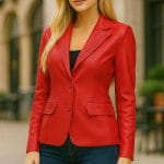 Women’s Red Lambskin Leather Blazer 2-Button Suit Jacket with Notched Lapel Genuine Leather Formal & Casual Coat for Office, Travel & Evening Wear