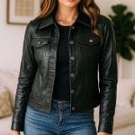 Women’s Black Real Lambskin Leather Jacket Stylish Trucker Coat with Button Closure, Multiple Pockets & Premium Quality Outerwear