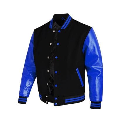 Men’s Varsity Wool Jacket Black Body with Navy Blue Faux Leather Sleeves | College Letterman Jacket with Navy Blue Stripes | Stylish Winter Outerwear with Multiple Pockets - Image 3