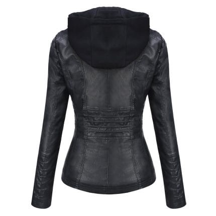 Women’s Black Faux PU Leather Jacket with Removable Hood Slim Fit Biker Moto Jacket - Image 4
