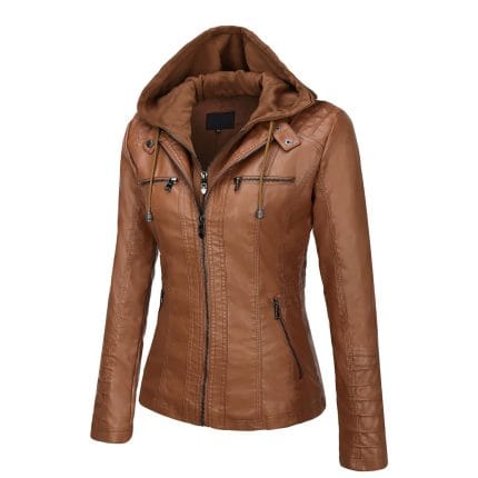 Women’s Brown Faux PU Leather Jacket with Removable Hood Slim Fit Moto Biker Style - Image 3
