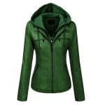 Women’s Green Faux PU Leather Jacket with Removable Hood Slim Fit Biker Moto Style