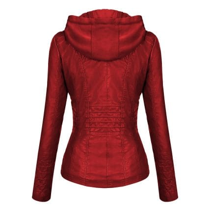 Women’s Red Faux PU Leather Jacket with Removable Hood Slim Fit Moto Biker Style - Image 4