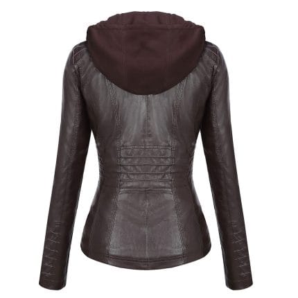 Women’s Dark Coffee Faux PU Leather Jacket with Removable Hood Slim Fit Moto Biker Style - Image 4