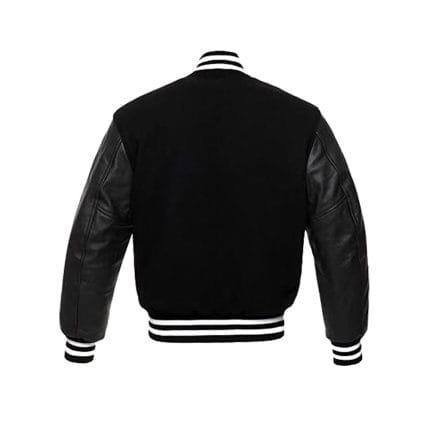 Men’s Black Varsity Jacket Classic Baseball Letterman Outerwear with Faux Leather Sleeves | All-Season Streetwear & Casual Sports Jacket - Image 4