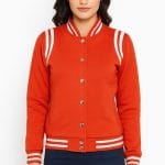 Women’s Varsity Baseball Jacket Red High School Letterman Bomber Style Fleece Jacket with Button Closure & Pockets