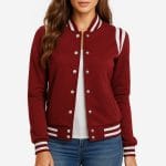 Women’s Varsity Baseball Jacket Maroon High School Letterman Bomber Style Fleece Jacket with Button Closure & Pockets
