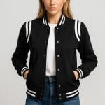 Women’s Varsity Baseball Jacket High School Letterman Bomber Style Casual Fleece Jacket with Button Closure & Pockets (Black)