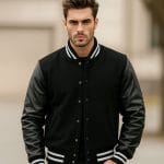 Men’s Black Varsity Jacket Classic Baseball Letterman Outerwear with Faux Leather Sleeves | All-Season Streetwear & Casual Sports Jacket