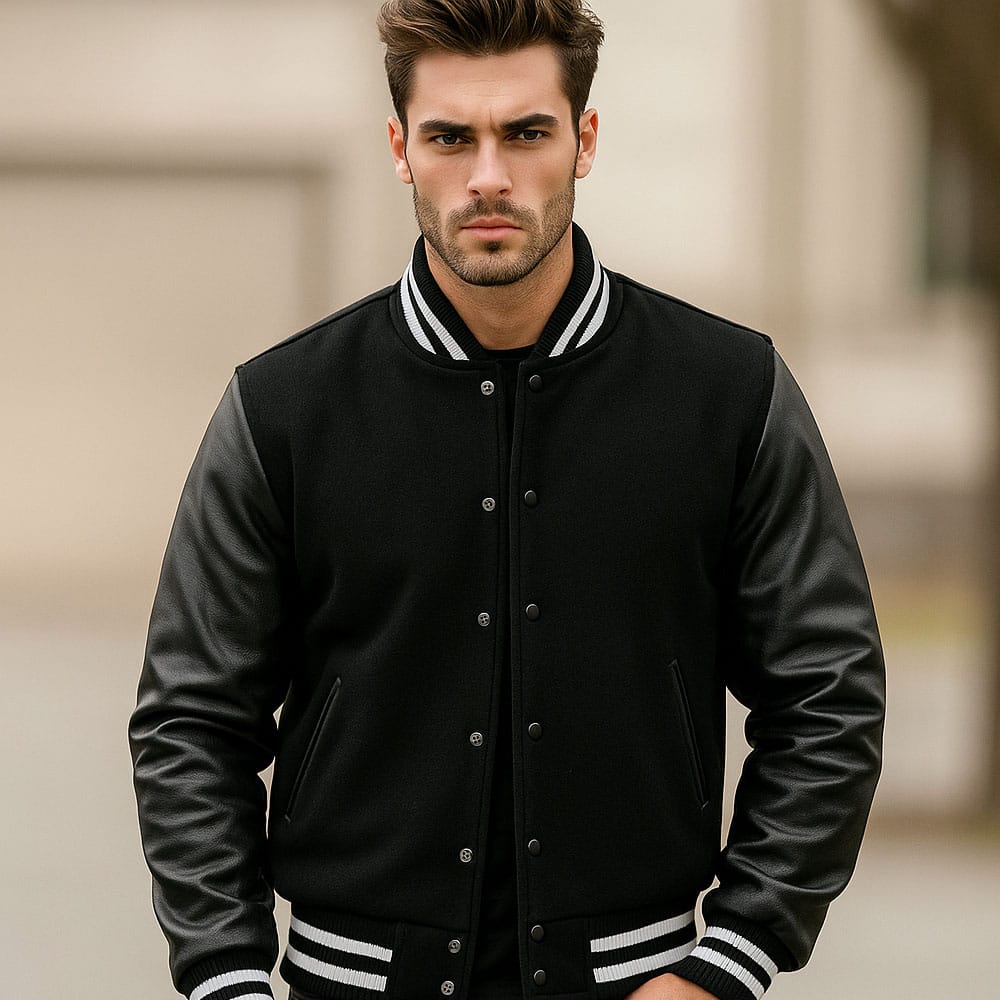 4 Men’s Black Varsity Jacket Classic Baseball Letterman Outerwear with Faux Leather Sleeves | All-Season Streetwear & Casual Sports Jacket - Image 1