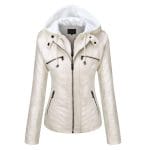 White Women’s Faux Leather Jacket with Removable Hood Slim Fit Moto Style Outerwear