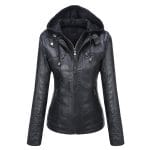 Women’s Black Faux PU Leather Jacket with Removable Hood Slim Fit Biker Moto Jacket