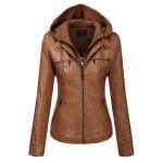 Women’s Brown Faux PU Leather Jacket with Removable Hood Slim Fit Moto Biker Style