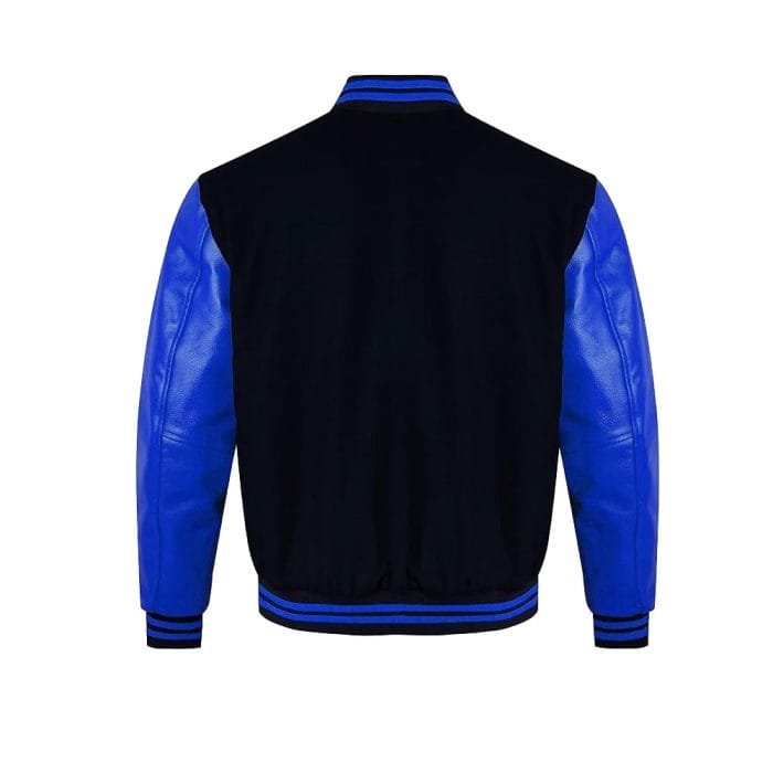Men’s Varsity Wool Jacket Black Body with Navy Blue Faux Leather Sleeves | College Letterman Jacket with Navy Blue Stripes | Stylish Winter Outerwear with Multiple Pockets - Image 4