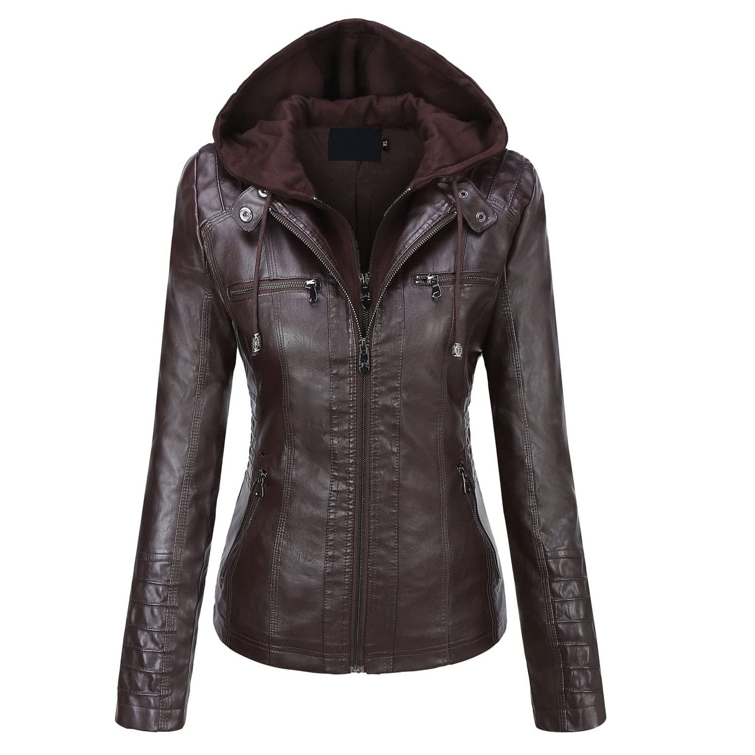 4 Women’s Dark Coffee Faux PU Leather Jacket with Removable Hood Slim Fit Moto Biker Style - Image 1
