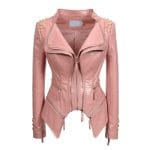 Women’s Pink Punk Studded Faux Alligator PU Leather Jacket Moto Biker Zipper Coat with Rivet Lapel, Slim Fit Outwear
