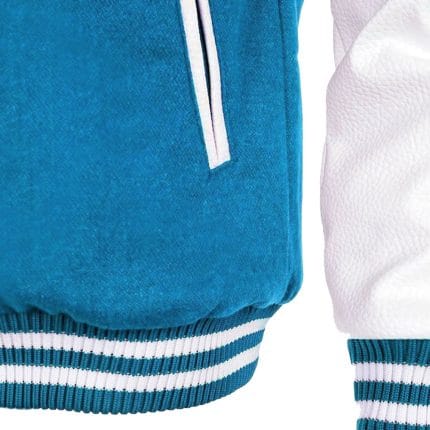 Men’s Sky Blue Varsity Jacket with White Faux Leather Sleeves | Classic Wool Letterman College Baseball Jacket | Stylish Winter Streetwear Outerwear - Image 6