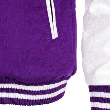 Men’s Varsity Jacket Purple Wool Body with White Faux Leather Sleeves | Classic College Letterman Baseball Jacket | Stylish Winter Outerwear with Multiple Pockets - Image 5