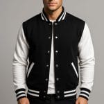 Men’s Varsity Baseball Jacket Black White Letterman College Bomber Cotton Blend Coat