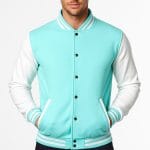 Men’s Varsity Jacket Light Blue & White Classic Baseball Letterman Bomber, Cotton Blend College Style Outerwear
