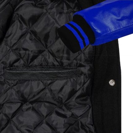 Men’s Varsity Wool Jacket Black Body with Navy Blue Faux Leather Sleeves | College Letterman Jacket with Navy Blue Stripes | Stylish Winter Outerwear with Multiple Pockets - Image 5