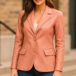 Women’s Pink Genuine Lambskin Leather Blazer Classic 2-Button Coat with Notched Lapel, Long Sleeves & Flap Pockets Soft Napa Leather Jacket for Office & Casual Wear