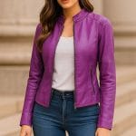 Women’s Purple Faux Leather Jacket Slim Fit Moto Biker Style Lightweight Outerwear for Women | Leather Jacket Women Fashion