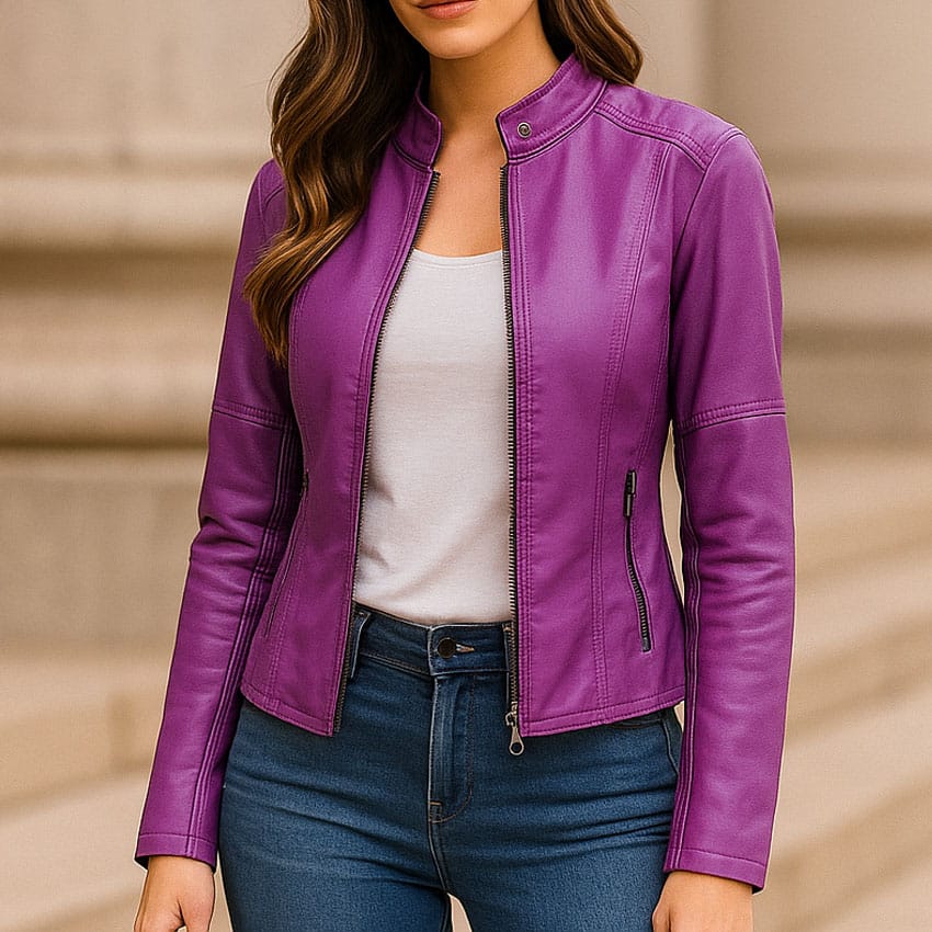 5 Women’s Purple Faux Leather Jacket Slim Fit Moto Biker Style Lightweight Outerwear for Women | Leather Jacket Women Fashion - Image 1