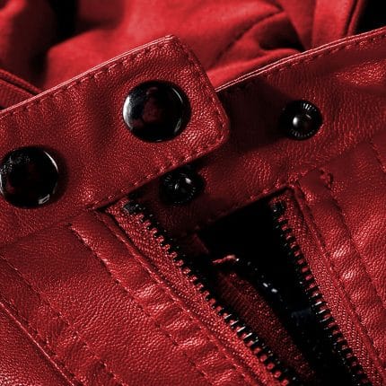 Women’s Red Faux PU Leather Jacket with Removable Hood Slim Fit Moto Biker Style - Image 7