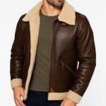 Men’s Brown Aviator Leather Jacket with Shearling Collar Classic Bomber Flight Coat Vintage Pilot Style Winter Outerwear