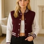 Maroon & White Cropped Varsity Jacket Women Stylish Baseball Letterman Bomber with Fleece Comfort
