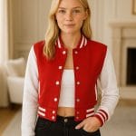 Red & White Cropped Varsity Jacket Women Trendy Baseball Letterman Bomber Jacket with Fleece & Polyester Lining