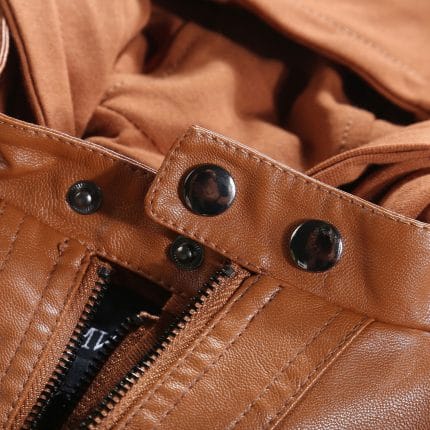 Women’s Brown Faux PU Leather Jacket with Removable Hood Slim Fit Moto Biker Style - Image 6