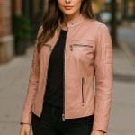 Women Pink Faux Leather Jacket Stylish PU Cafe Racer Biker Jacket with Quilted Design & Zipper Pockets