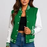 Women’s Green and White Varsity Jacket Letterman Baseball Bomber Jacket for Women | High School College Style Lightweight Outerwear
