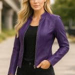 Stylish Women’s Purple Lambskin Leather Jacket Genuine Motorcycle Biker Coat with Cafe Racer Cut, Slim Fit & Soft Lining