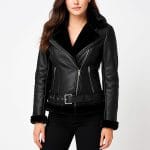 Women's Black Real Leather Jacket Fur Lined Biker Style Coat Slim Fit Winter Outerwear with Belt Stylish Moto Fashion