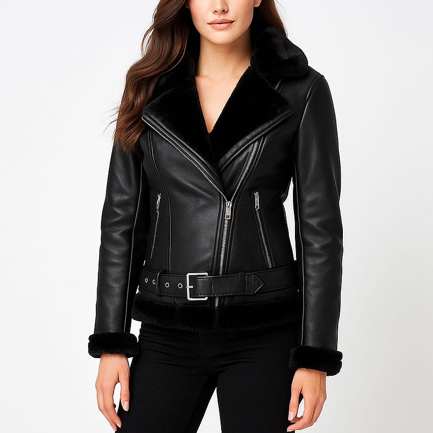 6 Women's Black Real Leather Jacket Fur Lined Biker Style Coat Slim Fit Winter Outerwear with Belt Stylish Moto Fashion - Image 1
