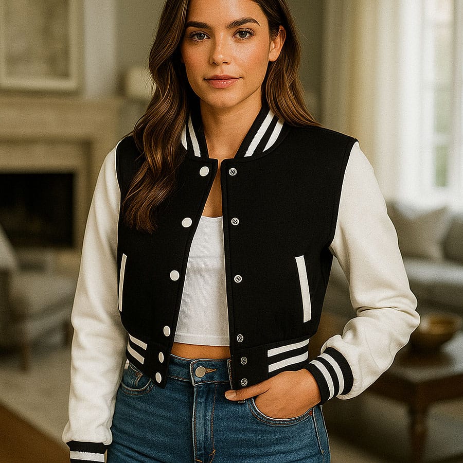 7 Black & White Cropped Varsity Jacket Women Casual Bomber Baseball Jacket with Fleece, Lightweight Letterman Style - Image 1