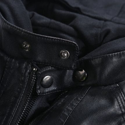 Women’s Black Faux PU Leather Jacket with Removable Hood Slim Fit Biker Moto Jacket - Image 7