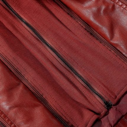 Women’s Red Faux PU Leather Jacket with Removable Hood Slim Fit Moto Biker Style - Image 5