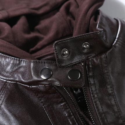 Women’s Dark Coffee Faux PU Leather Jacket with Removable Hood Slim Fit Moto Biker Style - Image 5