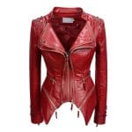 Women’s Wine Red Faux Alligator PU Leather Jacket Studded Punk Moto Biker Coat with Rivet Lapel & Slim Fit Outwear