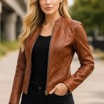 Women’s Real Lambskin Brown Leather Jacket Premium Motorcycle Biker Coat with Cafe Racer Style, Zipper Closure & Soft Inner Lining Classic Slim Fit Leather Outerwear for Casual & Party Wear