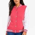 Women’s Pink and White Varsity Jacket Letterman Baseball Bomber Jacket for Women | Lightweight High School & College Style Outerwear