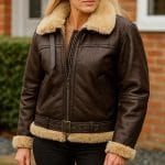 Women’s Genuine Shearling Leather Jacket Classic RAF Aviator Pilot Style Warm Winter Bomber Coat with Fur Collar & Cuffs Premium Real Leather Outerwear