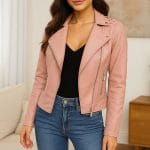 Women's Pink Faux Leather Moto Jacket Slim Fit Biker Style with Zipper Details | Stylish Lightweight Outerwear for Fall & Spring
