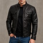 Men’s Black Cafe Racer Leather Jacket 100% Real Lambskin Biker Motorcycle Jacket with Quilted Shoulders, Slim Fit, YKK Zipper Pockets & Waist Adjusters Vintage Riding & Casual Fashion by Decrum