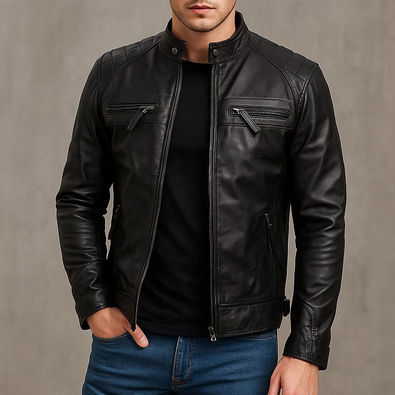 Ready Men’s Black Cafe Racer Leather Jacket 100% Real Lambskin Biker Motorcycle Jacket with Quilted Shoulders, Slim Fit, YKK Zipper Pockets & Waist Adjusters Vintage Riding & Casual Fashion by Decrum - Image 1